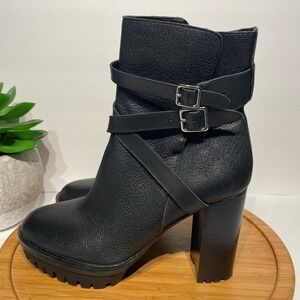 Vince Camuto Black Leather Chunky Lug Sole Ankle Boot 9M Platform Moto Bootie